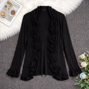 "Belldini Black Ruffle Draped Open Front Cardigan Size M Elegant"